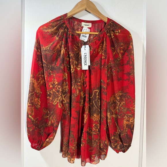L'AGENCE Teagan Red Jungle Toile Crinkle Chiffon Shirt Top Blouse - Picture 4 of 6